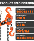 Built Tough 3 Ton Manual Lever Hoist Packed With G80 Galvanized Chain Dual Swivel Hooks And Lockdown Brake System, lifting specifications.
