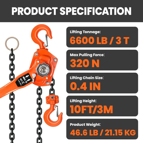 Built Tough 3 Ton Manual Lever Hoist Packed With G80 Galvanized Chain Dual Swivel Hooks And Lockdown Brake System, lifting specifications.