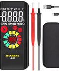 Black Smart Digital Multimeter With Color LCD Display 6000 Counts Auto Range Rechargeable Battery, leads, and case.