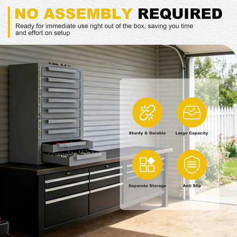 Lockable 9 Drawer Steel Parts Cabinet, Fully Assembled Welded Steel Construction for Tough Job Sites, 12.8W X 11.81D X 23.7H Inches, Built Like a Tank Heavy Duty Tool Organizer for Service Truck, Garage, or Workshop, Gray, shown in garage