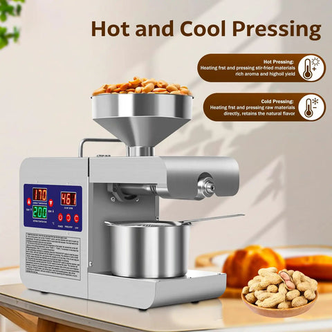 Rkazes 820W Automatic Oil Press Machine Hot And Cold Seed Extractor For Home Use Easy Clean Kitchen Gadget High Output Nut Peanut Olive Oil Maker with peanuts in a bowl.