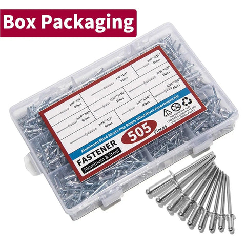 505 Piece Aluminum Blind Rivets Kit With Dome Head Pop Rivets For Quick Install Handy Assortment For Home Shop And Auto Projects Durable Vibration Resistant Fasteners For Metal Plastic And Wood, box packaging