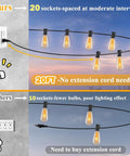 Comparison of Outdoor String Lights 20Ft With 22 Edison Bulbs E17 Base Vintage Warm White showing socket spacing and connection options.