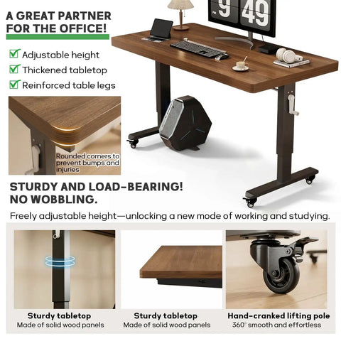 Zero Hassle Height Adjustable Standing Desk With Bulletproof Steel Frame And Chunky Desktop Built Tough For Everyday Home Office Grind And All Day Sessions, showcasing adjustable height and sturdy wood tabletop.