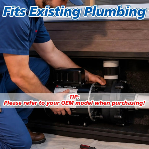 Technician installing Heavy Duty 4HP Single Speed Spa Pump 220 240V Hot Tub Motor in existing plumbing setup.