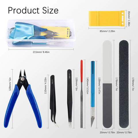 11 Piece Model Tools Kit For Hobbyists And Model Builders Pro Grade Craft Set with tools and size measurements