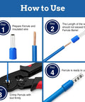 Steps to use All In One Wire Ferrules Kit With Copper End Terminals and Nylon Insulated Ends, showing crimping process.