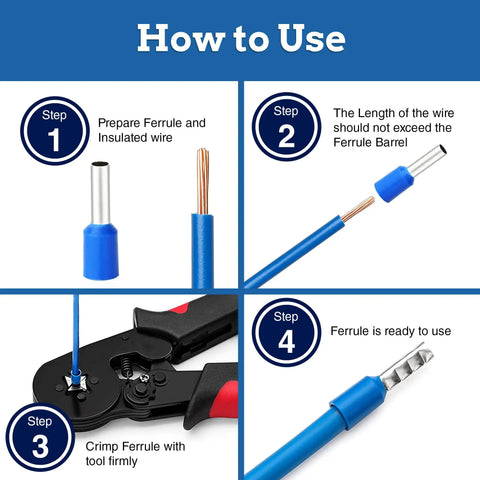 Steps to use All In One Wire Ferrules Kit With Copper End Terminals and Nylon Insulated Ends, showing crimping process.