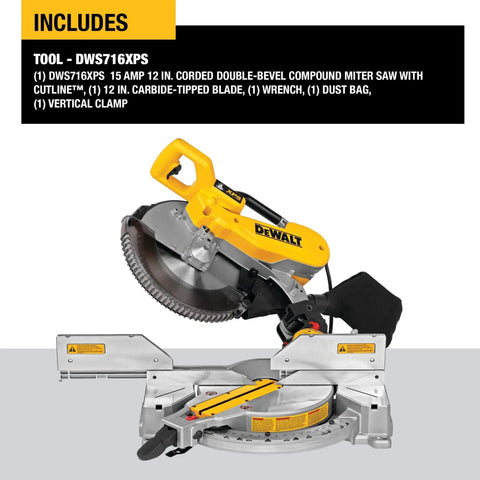 12 Inch Miter Saw With Double Bevel And Compound Cutline 15 Amp Power XPS Cutline Illumination Stainless Steel Detent Plate With 14 Positive Stops Tall Sliding Fences For Crown Molding And Base Molding
