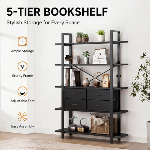 Sturdy 5 Tier Industrial Bookshelf With Four Drawers Built Like A Tank Tall Rustic Storage Shelf For Living Room And Home Office