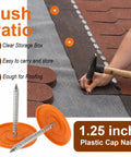 No Fuss Plastic Cap Nails Paired With Heavy Duty Electro Galvanized Ring Shank Fasteners And Resilient Orange Waterproof Washers For Fast Tar Paper And Roof Deck Work on roofing project with hammer.