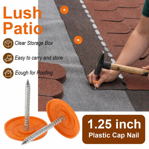 No Fuss Plastic Cap Nails Paired With Heavy Duty Electro Galvanized Ring Shank Fasteners And Resilient Orange Waterproof Washers For Fast Tar Paper And Roof Deck Work on roofing project with hammer.