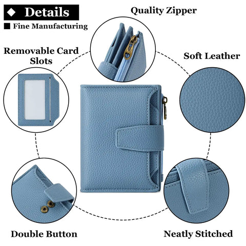 Compact Everyday Wallet For Women With RFID Blocking Soft Cowhide Leather Bifold Card Holder Slim Yet Roomy Zippered and Stitching Details
