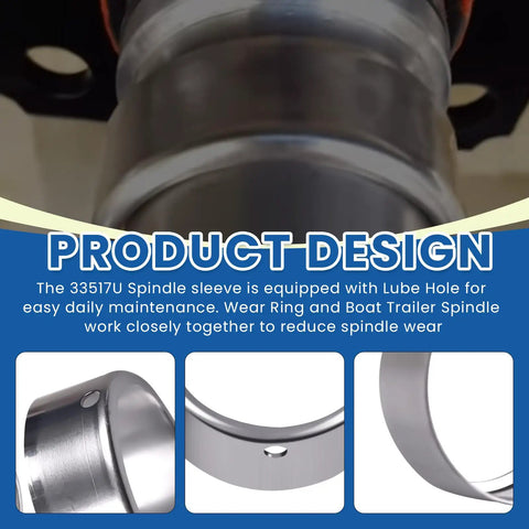 Product design of Two Piece 33517U Spindle Sleeve With Lube Hole for UFP boat trailer spindle, showing sleeve details and lube hole