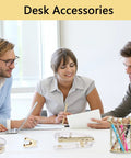 Team using Gold Office Desk Kit 13 In 1 With Stapler Tape Dispenser Pen Holder for a meeting, showing desk organization.
