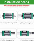 Installation steps for Heavy Duty EGH15CA Linear Rail Carriage Block showing guide rail alignment and bracket fitting.