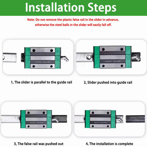 Installation steps for Heavy Duty EGH15CA Linear Rail Carriage Block showing guide rail alignment and bracket fitting.