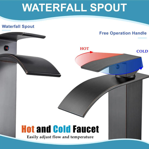 Vessel Sink Waterfall Tall Bathroom Faucet, Modern Vanity with Single Handle, Oil Rubbed Bronze, Hot and Cold Control