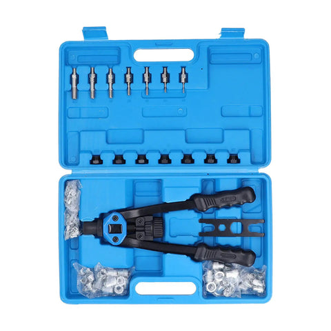 Heavy Duty Hand Rivet Nut Tool Kit With M8 M10 M12 Mandrels, Carbon Steel Body And Rubber Grip in blue storage case