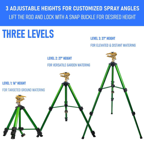 Impact Sprinkler On Tripod For Yard And Garden Heavy Duty 360 Degree Rotating Sprinkler With Zinc Head showing three adjustable heights