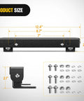 Universal Flip Up License Plate Frame For 10 Inch Hawse Fairlead Mount Fits Most Off Road Vehicles And Pickup Trucks Compatible With Jeep Ford Dodge Chevy GMC Nissan Toyota Ram And More Built Tough With Aluminum Construction. product size diagram with 12.4 in frame, 2.4 in height, and mounting hardware