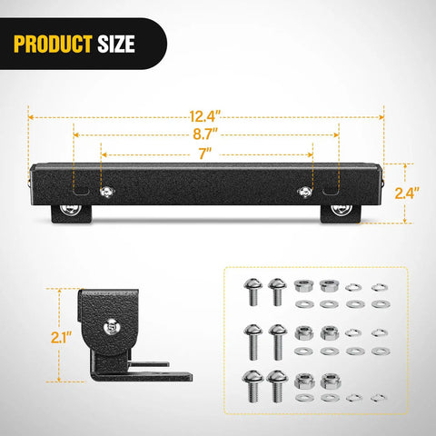 Universal Flip Up License Plate Frame For 10 Inch Hawse Fairlead Mount Fits Most Off Road Vehicles And Pickup Trucks Compatible With Jeep Ford Dodge Chevy GMC Nissan Toyota Ram And More Built Tough With Aluminum Construction. product size diagram with 12.4 in frame, 2.4 in height, and mounting hardware
