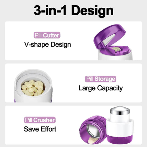 3 In 1 Pill Crusher With Cutter And Storage Box Fine Powder Grinder With Brush Easy One Hand Use No Fuss For Seniors And Pets