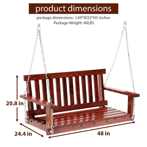 Two Person Outdoor Wooden Porch Swing 4 Ft Patio Bench with 800 Lb Capacity and Adjustable Hanging Chains, front view