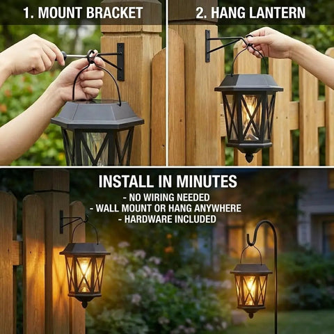 Outdoor Solar Lanterns Waterproof Hanging Solar Lights With Glass Shade Easy Hang Two Pack LED Metal Wall Mount Outdoor