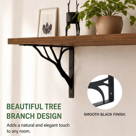 2 Pack 8 Inch Decorative Black Shelf Brackets Heavy Duty Wall Mount L Shaped Floating Shelves With Hardware For DIY Kitchen Shelving And Wall Decor With All Mounting Hardware Included For Easy Hassle Free Installs tree-branch bracket under wood shelf