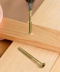 215 Piece Multi Purpose Wood Deck Screw Kit with Bugle Head Torx Star Drive golden coated screw being used on wood
