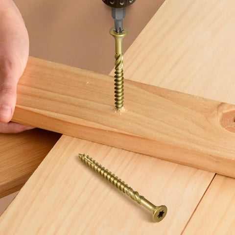 215 Piece Multi Purpose Wood Deck Screw Kit with Bugle Head Torx Star Drive golden coated screw being used on wood