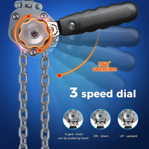 Mini Lever Chain Hoist 1100Lbs 0.5T With 10 Ft Lift Aluminum Alloy Come Along G80 Chain showing 3-speed dial and 360-degree rotation.