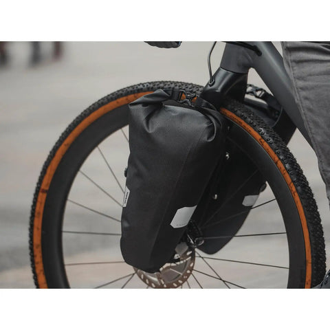 Waterproof Fork Dry Bag 5.8L With Roll Top Closure And Air Release Valve mounted on front fork of bike