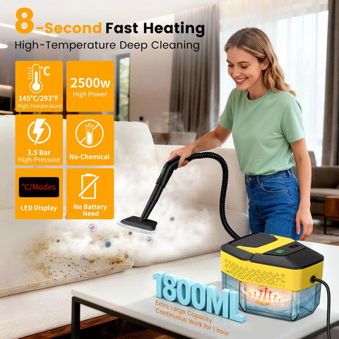 Upgraded Handheld Steam Cleaner 1.9Qt Big Tank Heats In Eight Seconds For Tile Floors Cars And Grout With 18 Pieces Of Accessories For Deep Clean Home Auto Detailing Safe No Burn Touch in action on a couch.