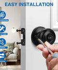 Matte Black Privacy Door Knobs 10 Pack Round Keyless Lockset installation in bedroom, modern door hardware shown in use.