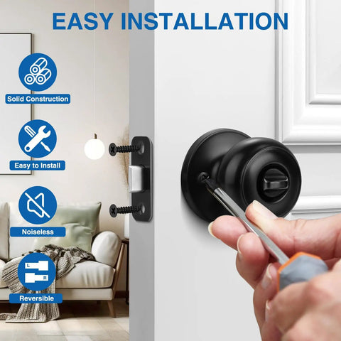 Matte Black Privacy Door Knobs 10 Pack Round Keyless Lockset installation in bedroom, modern door hardware shown in use.