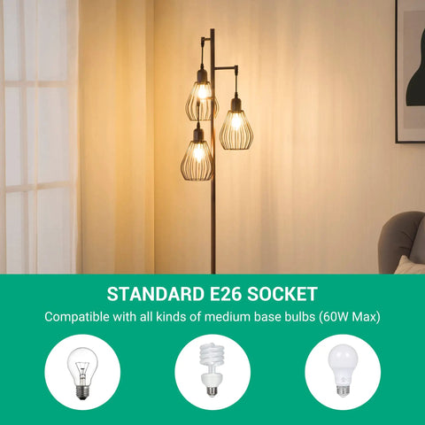 Industrial Tree Floor Lamp With Three Teardrop Cage Heads And 3000K Edison Bulbs, showcasing brown finish and E26 socket.