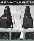 Black crossbody survival kit bag with MOLLE webbing, zip pockets, and D-ring hardware (front and back views).