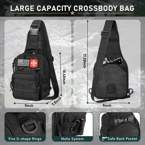 Black crossbody survival kit bag with MOLLE webbing, zip pockets, and D-ring hardware (front and back views).