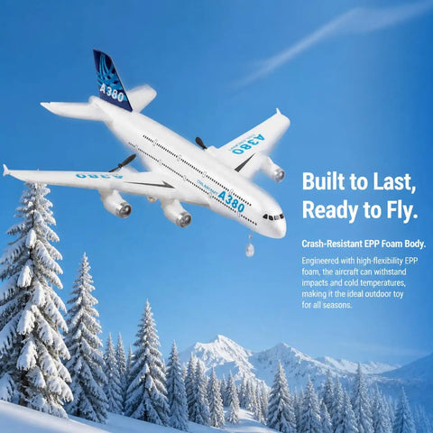 Ready To Fly 2.4GHz RC Airplane Toy With Gyro A380 Style Foam Jet flying over snowy trees under blue sky