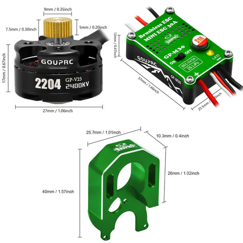 2204 2400KV Brushless Outrunner Motor With Transmission And 30A Mini ESC For SCX24 Remote Control Crawler Axial 1 To 24 Black Green Upgrade Kit components including motor, ESC, and mount.