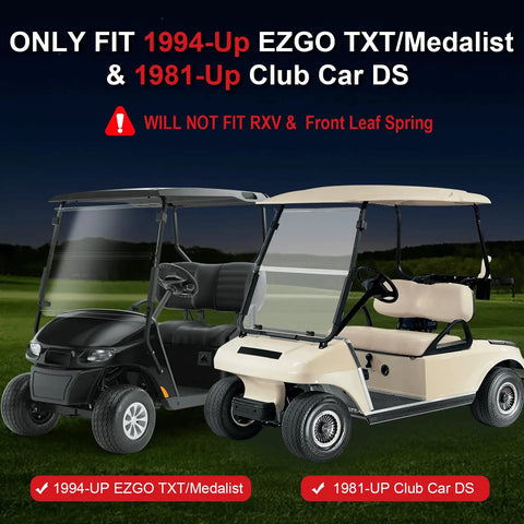 Rear Leaf Spring Bushing Kit With Screws For EZGO TXT And Club Car DS Golf Carts Direct Fit Drop In Replacement Heavy Duty Hardware shows fitment for 1994-up EZGO TXT/Medalist and 1981-up Club Car DS