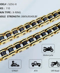 525 XRing Motorcycle Chain 110 Links With Master Link Gold Finish and High Tensile Strength 38 KN for bikes