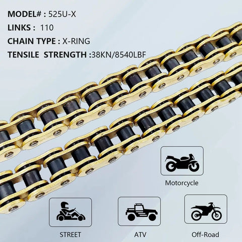 525 XRing Motorcycle Chain 110 Links With Master Link Gold Finish and High Tensile Strength 38 KN for bikes