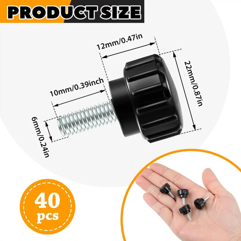 Product size illustration of Tough As Nails M6 By 10 Millimeter Threaded Knurled Thumb Screws Crafted From Premium Carbon Steel For Monitor Mounts And Camera Gear Offering Dead Reliable Fastening Power And Sweet Easy Setup In A Pack Of Forty Heavy Duty Bolts.