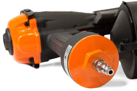 Close-up of Pro Grade Pneumatic Coil Roofing Nailer For Three Quarters Inch To One And Three Quarters Inch Nails, 11 Gauge.