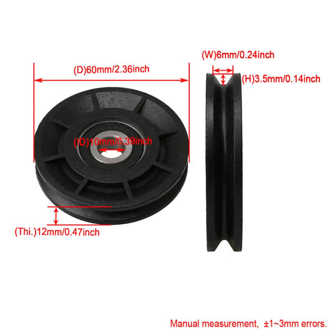 Heavy Duty Nylon Cable Pulley Wheel Idler With V Groove, 60 Mm Outer Diameter, side and top view measurements