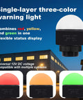 Single-layer three-color warning light for machinery safety, showing red, yellow, and green signals with 24V DC compatibility.