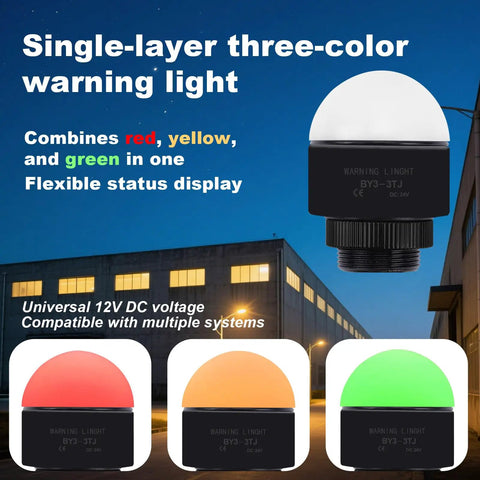 Single-layer three-color warning light for machinery safety, showing red, yellow, and green signals with 24V DC compatibility.